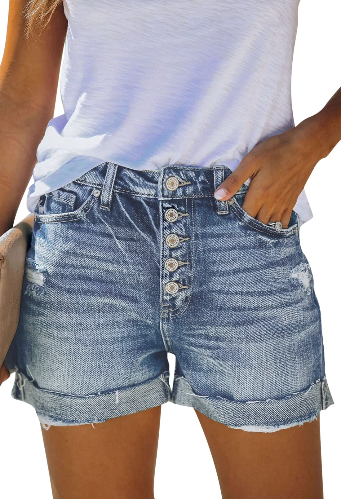 EMMIOL Pantaloncini di jeans con bottoni multipli