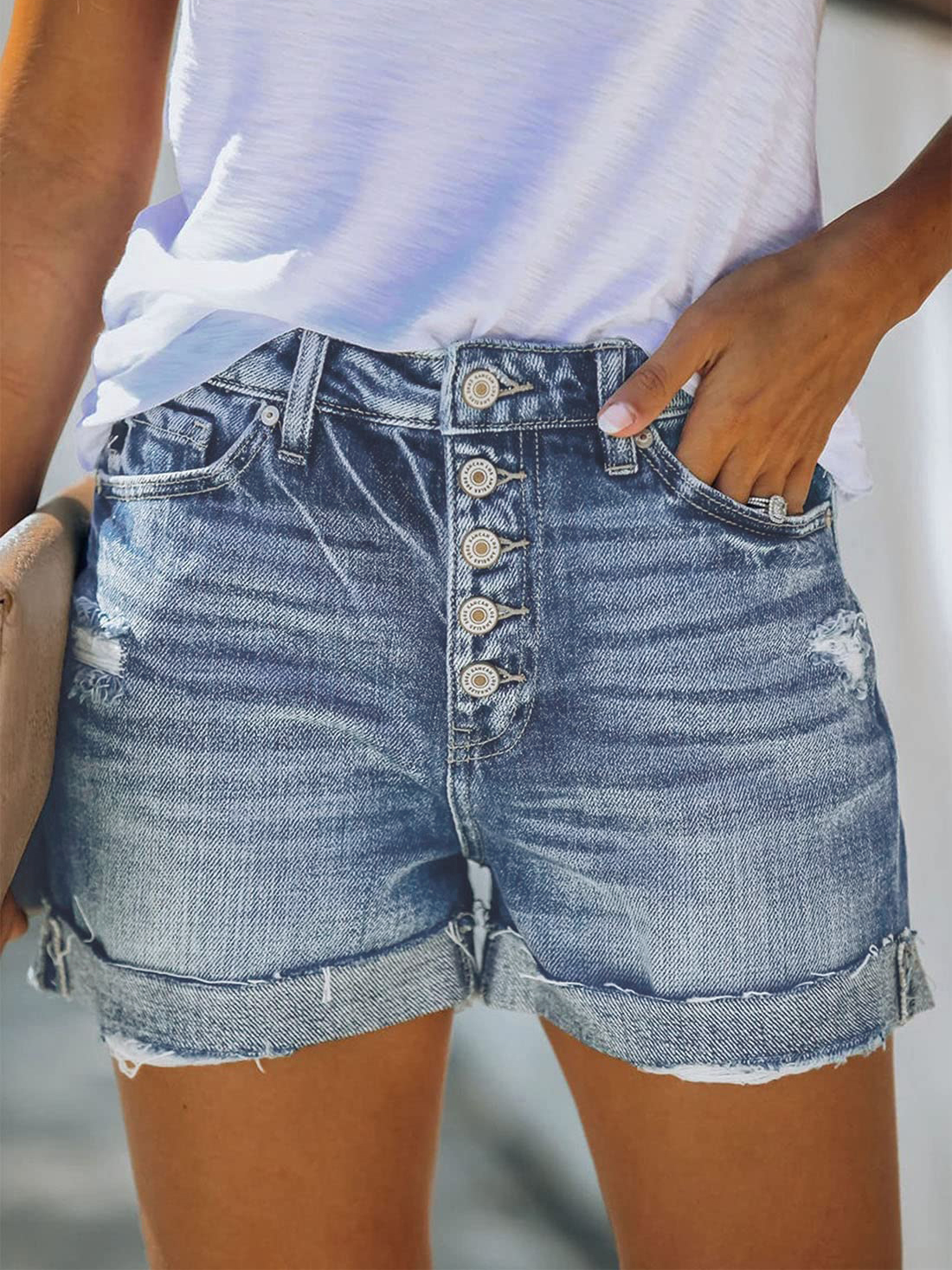 EMMIOL Pantaloncini di jeans con bottoni multipli