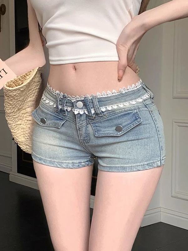 EMMIOL Lace Trim Denim Shorts