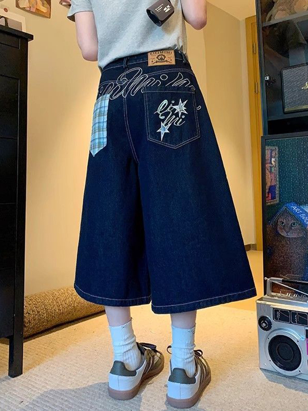 EMMIOL Retro High Street Embroidery Denim Shorts