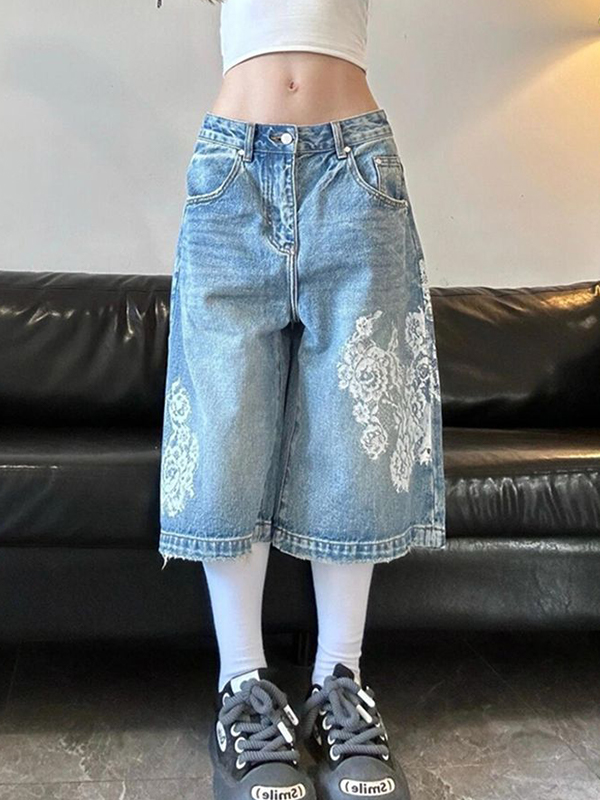 EMMIOL Shorts de mezclilla con estampado estilo americano