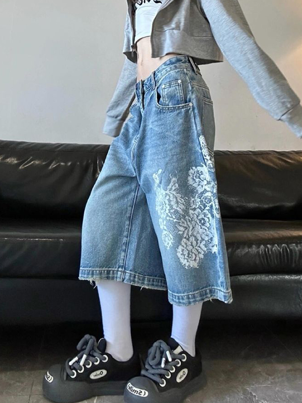 EMMIOL Shorts de mezclilla con estampado estilo americano