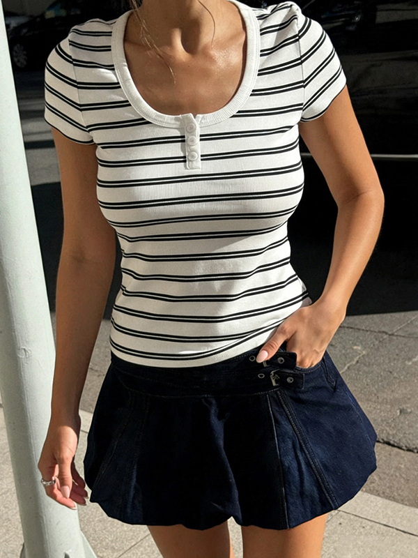 EMMIOL Rayas de hombros rectos de manga corta