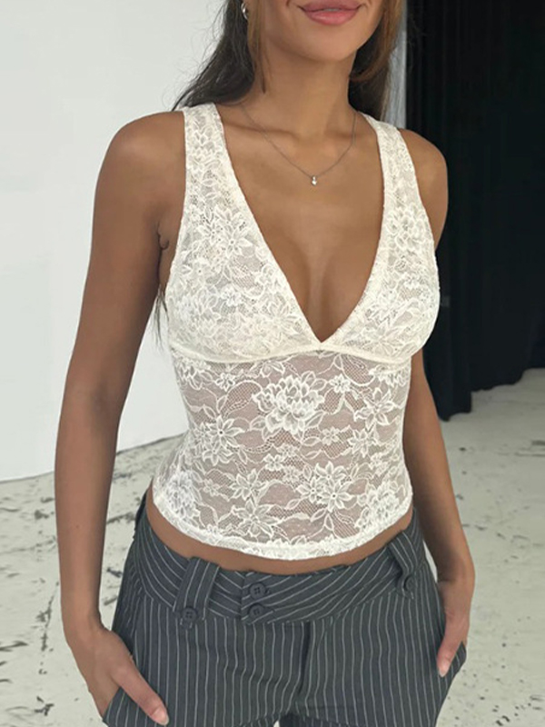 EMMIOL Top de encaje con cuello en V