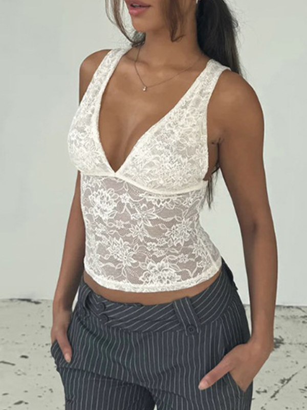 EMMIOL Top de encaje con cuello en V