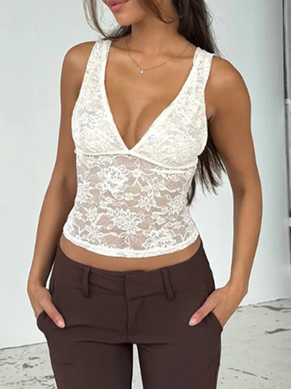 EMMIOL Top de encaje con cuello en V