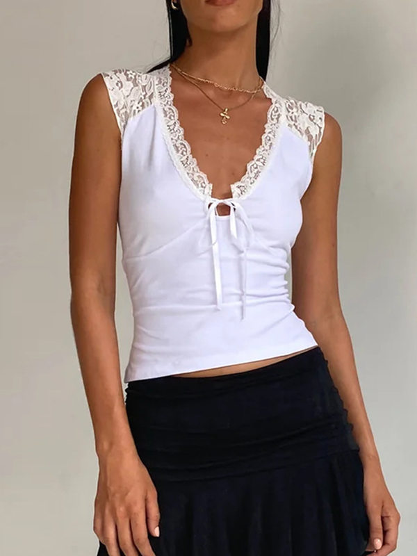 EMMIOL Camiseta sin mangas de patchwork de encaje