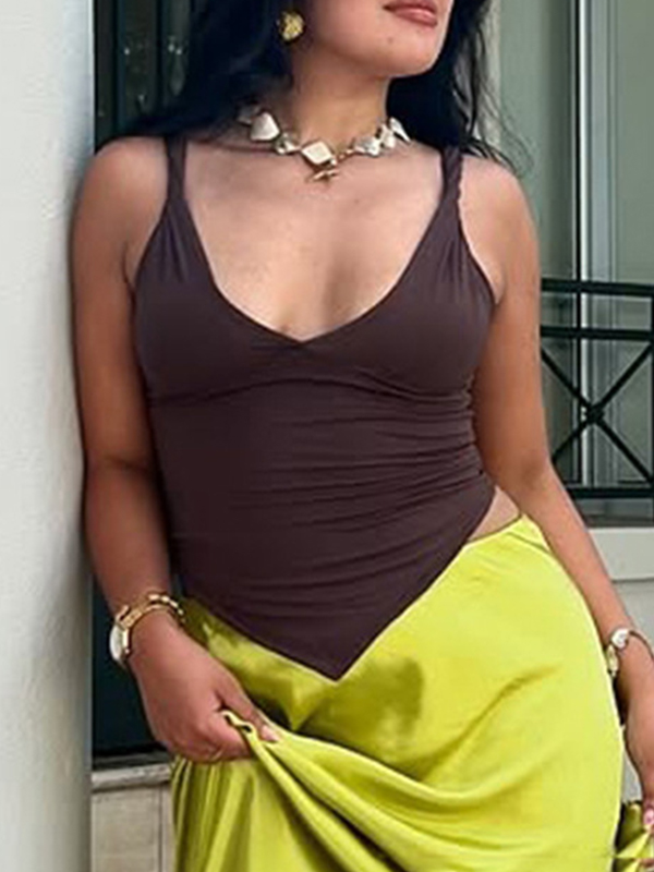 EMMIOL Top de tirantes con cuello en V profundo y lazo de color liso