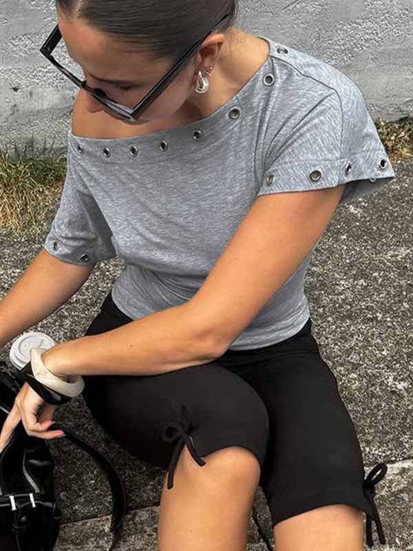 EMMIOL Solid-Color Waist-Cinching Silhouette Short Sleeve