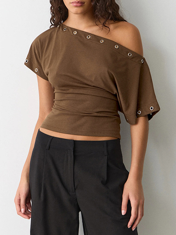 EMMIOL Solid-Color Waist-Cinching Silhouette Short Sleeve