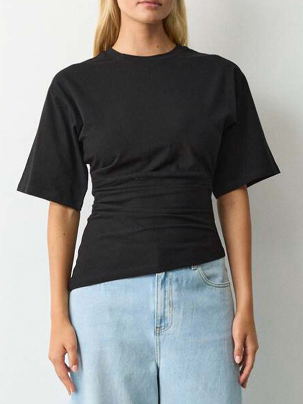 EMMIOL Cuello redondo, cintura plisada, manga corta