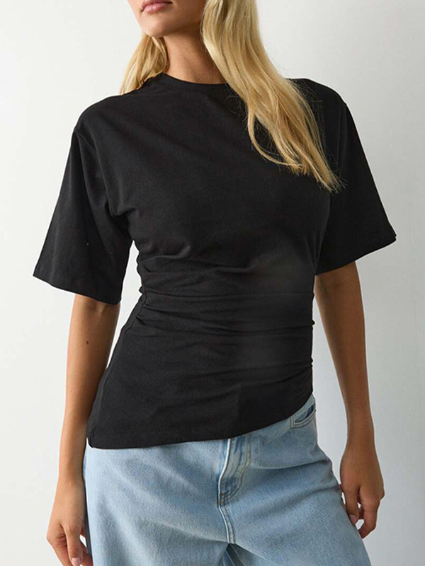 EMMIOL Cuello redondo, cintura plisada, manga corta