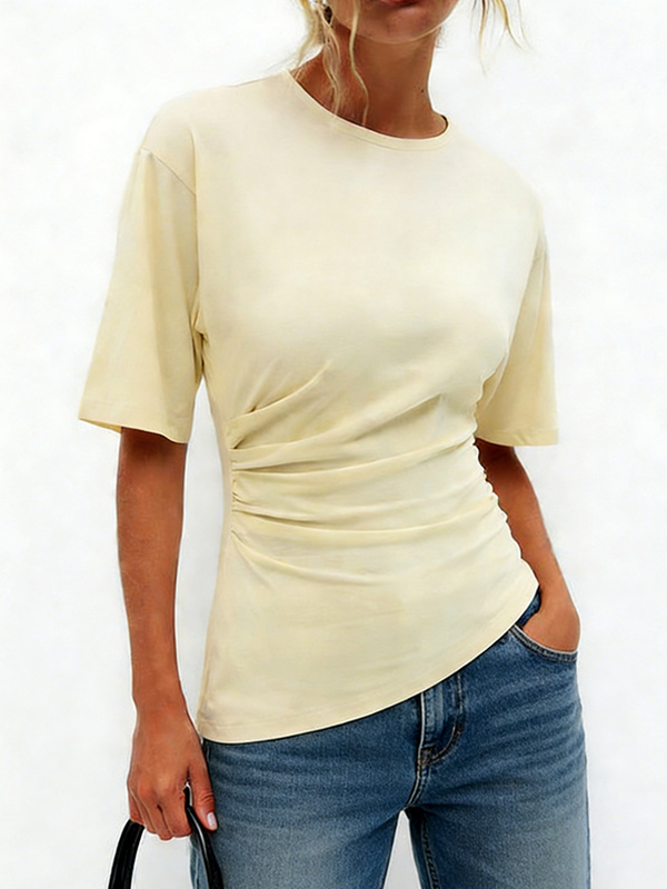 EMMIOL Cuello redondo, cintura plisada, manga corta