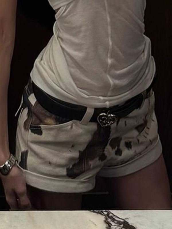 EMMIOL Shorts vaqueros con estampado de vaca color albaricoque