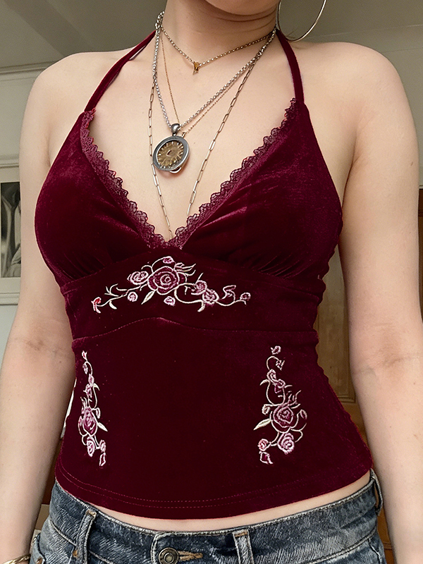 EMMIOL Neckholderweste mit V-Ausschnitt, floraler Stickerei