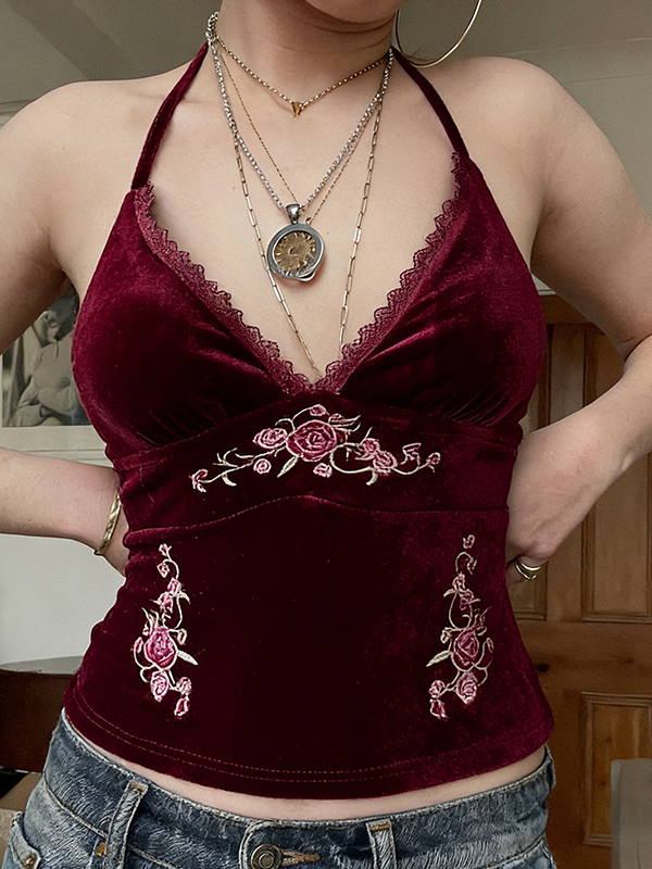 EMMIOL Neckholderweste mit V-Ausschnitt, floraler Stickerei