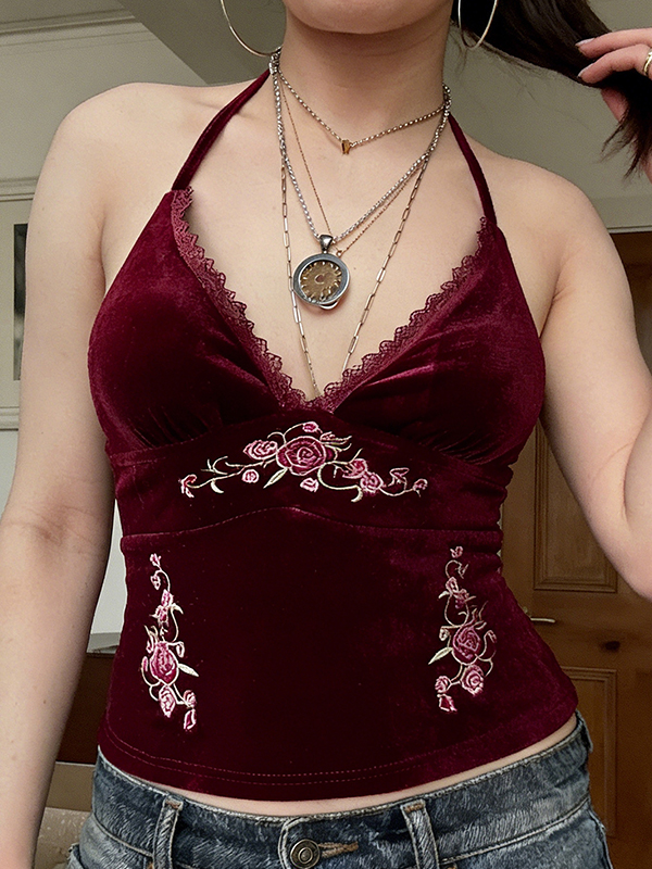 EMMIOL Neckholderweste mit V-Ausschnitt, floraler Stickerei