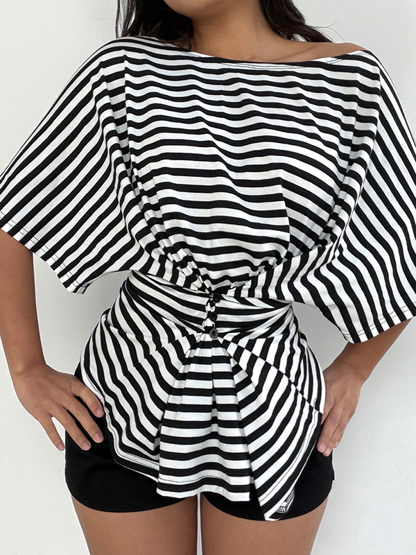 EMMIOL Gestreiftes, schulterfreies Kurzarmshirt