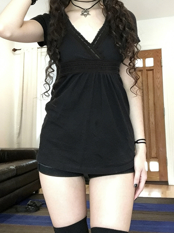 EMMIOL Babydoll-Kleid mit V-Ausschnitt und kurzen Ärmeln