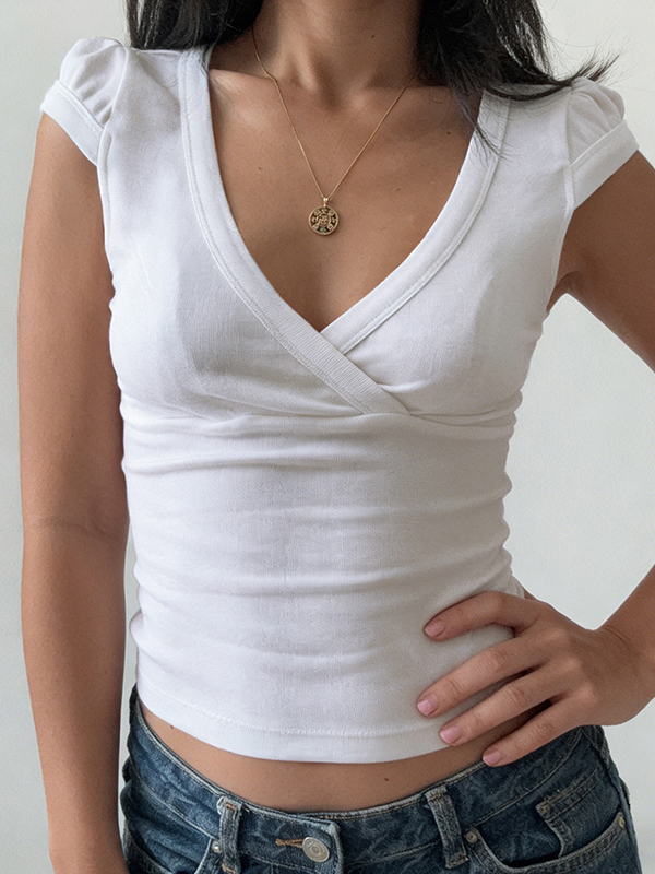 EMMIOL Solid-Color V-Neck Short Sleeve