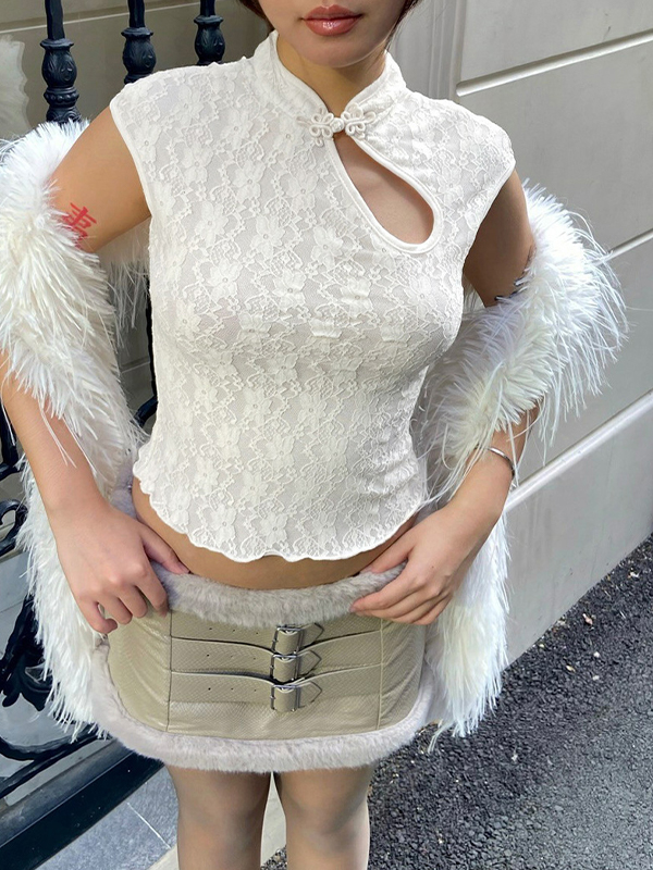 EMMIOL Openwork Button Short Sleeve