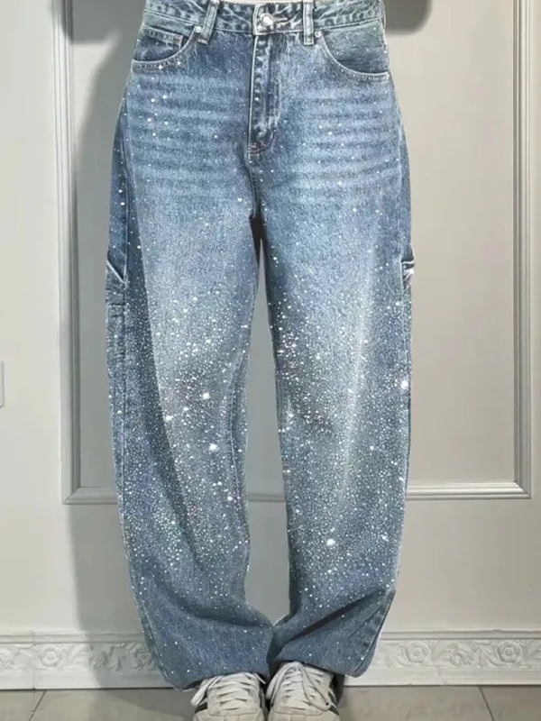 EMMIOL Locker sitzende Boyfriend-Jeans mit Strasssteinen