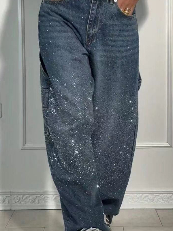 EMMIOL Locker sitzende Boyfriend-Jeans mit Strasssteinen