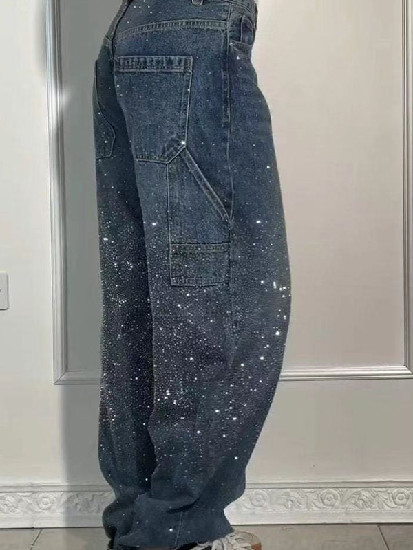 EMMIOL Locker sitzende Boyfriend-Jeans mit Strasssteinen