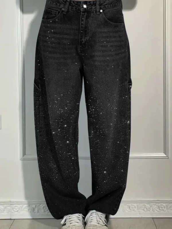 EMMIOL Locker sitzende Boyfriend-Jeans mit Strasssteinen