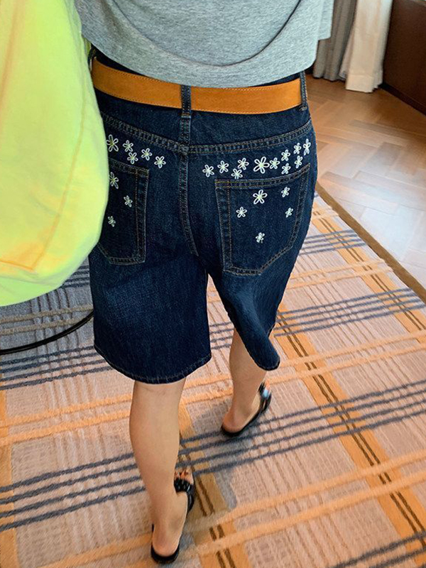 EMMIOL Pantalones cortos vaqueros con bordado de flores