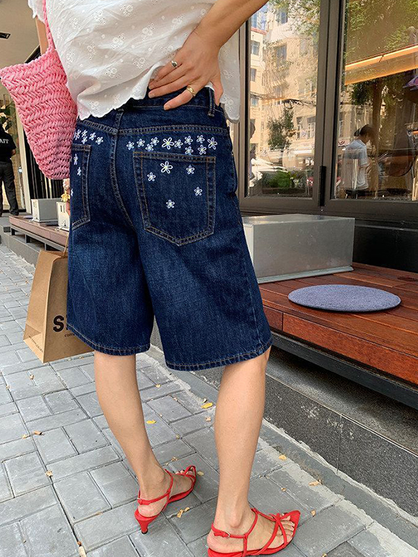 EMMIOL Pantalones cortos vaqueros con bordado de flores