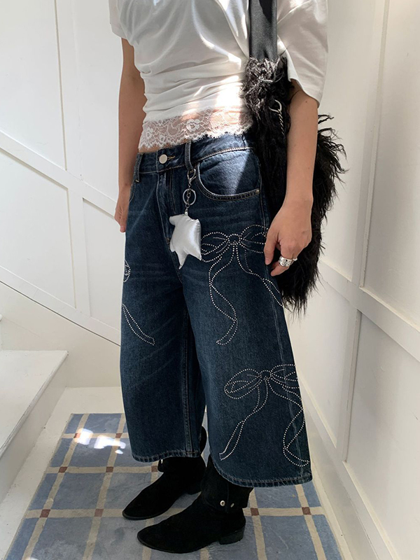 EMMIOL Pantalones cortos vaqueros con lazo de cuentas