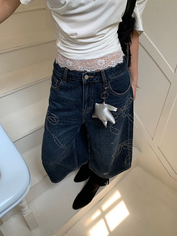 EMMIOL Pantalones cortos vaqueros con lazo de cuentas