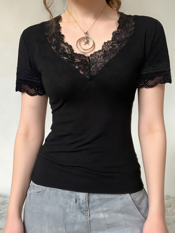 EMMIOL Vintage-Spitzen-Kurzarm