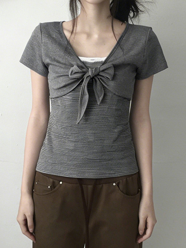 EMMIOL Lace-Trimmed Stripes Short Sleeve