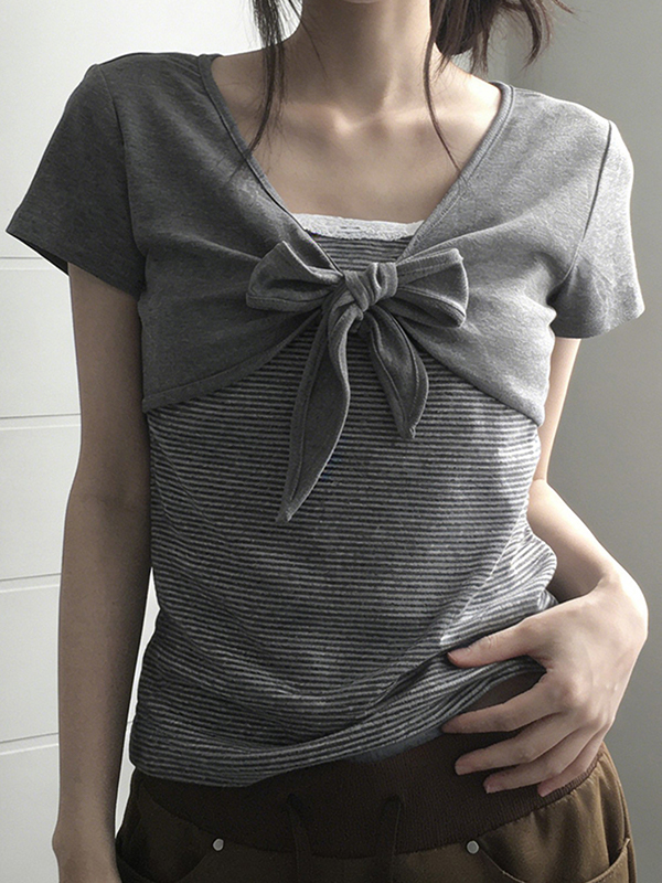 EMMIOL Lace-Trimmed Stripes Short Sleeve