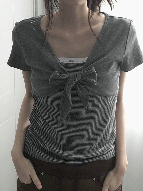 EMMIOL Lace-Trimmed Stripes Short Sleeve