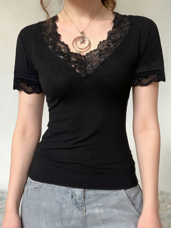 EMMIOL Lace Panels Short Sleeve
