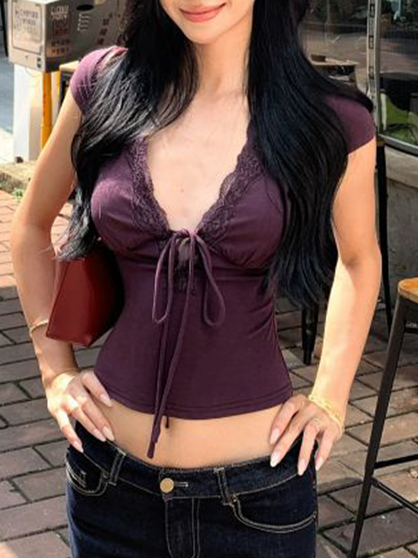 EMMIOL Maglietta a maniche corte con scollo a V e laccetti