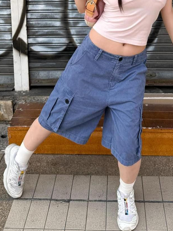 EMMIOL Pantaloncini di jeans retrò con ampie tasche