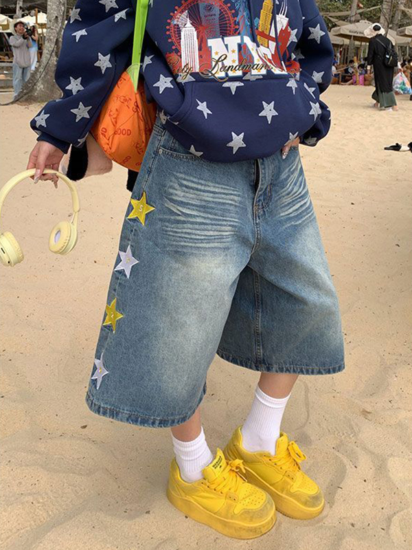 EMMIOL Pantaloncini di jeans con ricamo a stella americana