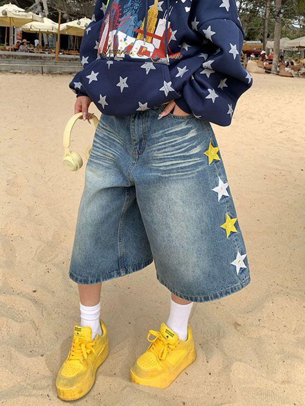 EMMIOL Pantaloncini di jeans con ricamo a stella americana