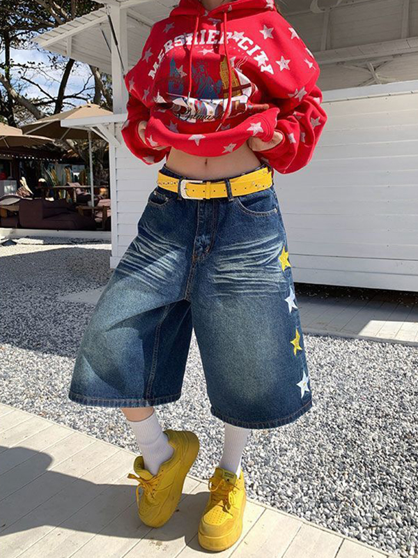 EMMIOL Pantaloncini di jeans con ricamo a stella americana