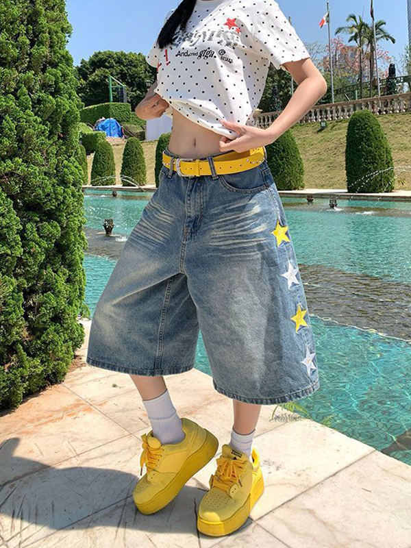 EMMIOL Pantaloncini di jeans con ricamo a stella americana