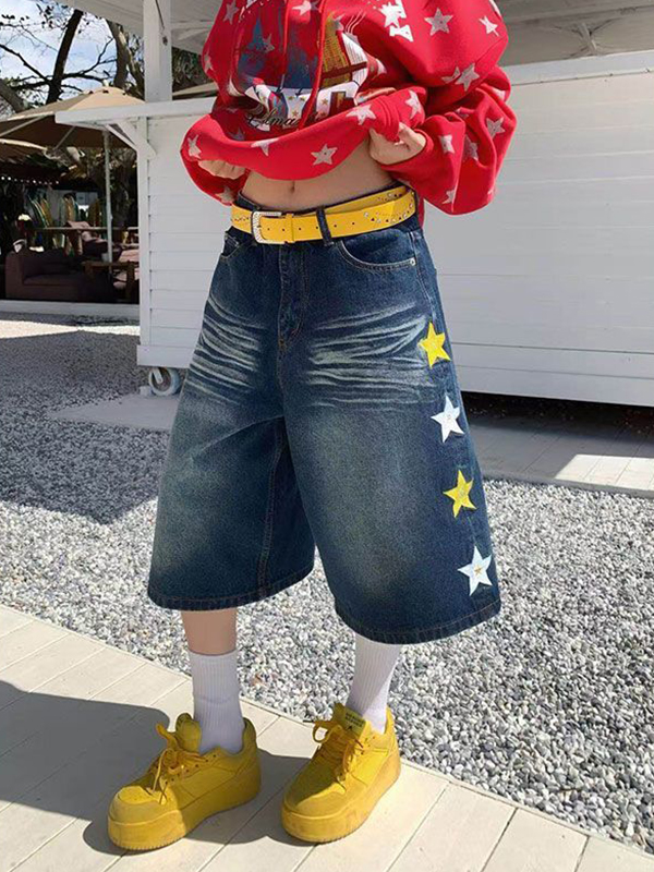 EMMIOL Pantaloncini di jeans con ricamo a stella americana