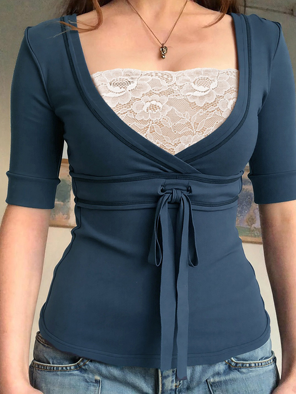 EMMIOL Maglia a maniche corte con laccetti e bordo in pizzo