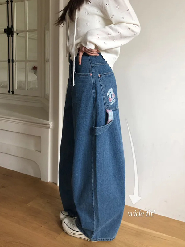 EMMIOL Jeans boyfriend a quadri con lettere a nastro