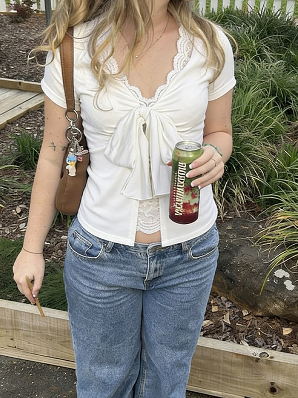 EMMIOL White Lace Panels Short Sleeve