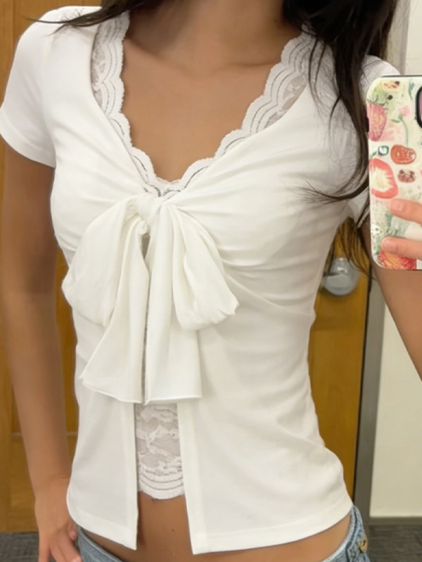 EMMIOL White Lace Panels Short Sleeve