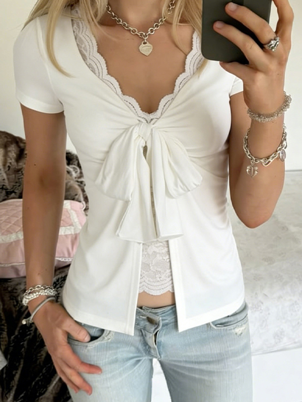 EMMIOL White Lace Panels Short Sleeve